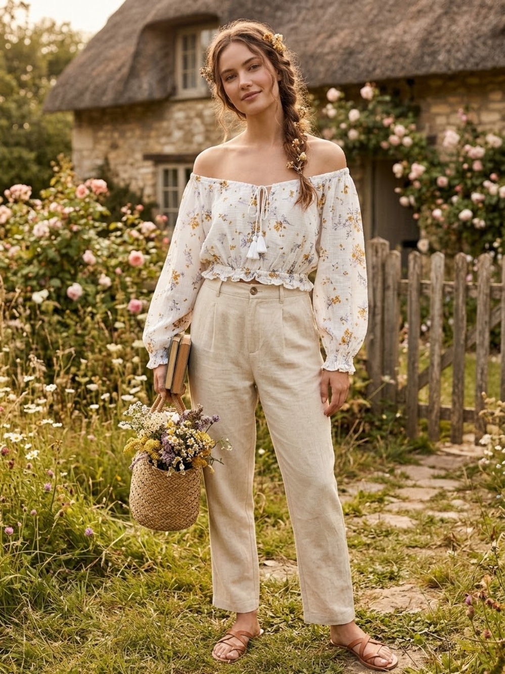 Olivaceous White Floral Peasant Blouse Off the shoulder large cropped boho fall